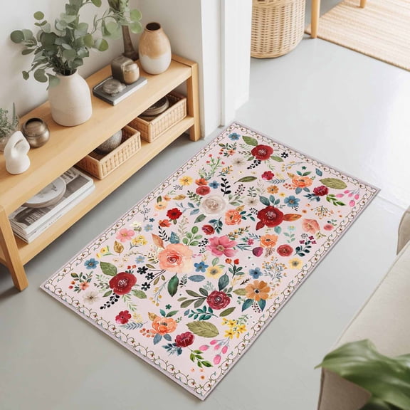 Rectangle Area Rug 2x3ft,Watercolor Leaf Colorful Bloom Floral Living Room Rug Non-Slip Washable Circle Rugs Pad,Vintage Country on Pink Soft Floor Carpet for Bedroom Dining Room