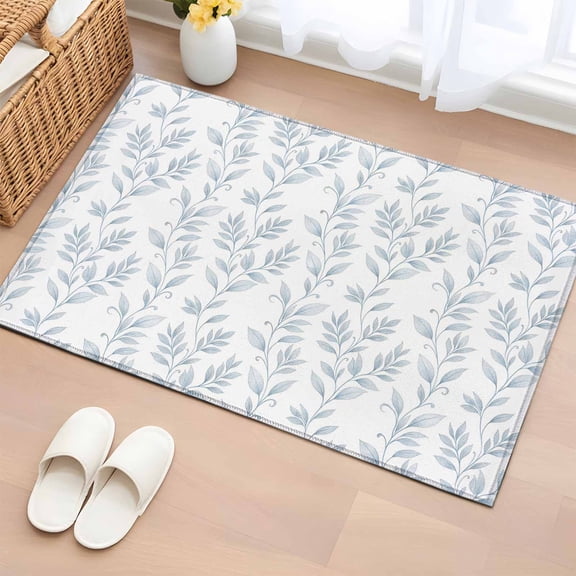Rectangle Area Rug 2x3ft, Watercolor Light Blue Botanical Leaf Non-Slip Non-Shedding Floor Mat, Spring Seamless Leaves Washable Sturdy Carpet for Living Room Bedroom Home Decor