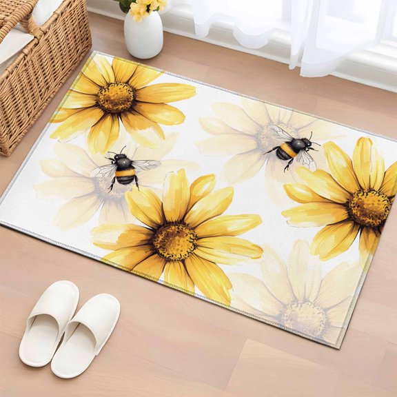 Rectangle Area Rug 2x3ft,Watercolor Pastoral Yellow Daisy Bee Washable Carpet Non-Slip Runner Accent Rugs Indoor Floor Mat for Bedroom Living Room Decor,Spring Summer Plant