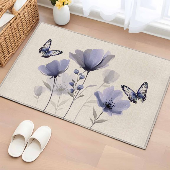 Rectangle Area Rug 2x3ft, Watercolor Purple Flowers Butterfly Non-Slip Non-Shedding Floor Mat, Blossom on Vintage Linen Washable Sturdy Carpet for Living Room Bedroom Home Decor