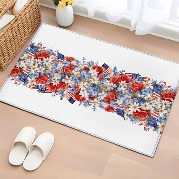 Rectangle Area Rug 2x3ft, Watercolor Red Blue White Floral Non-Shedding Washable Area Rug, Independence Day American Flag Non Slip Low-Profile Rugs for Living Room, Bedroom Dining Room