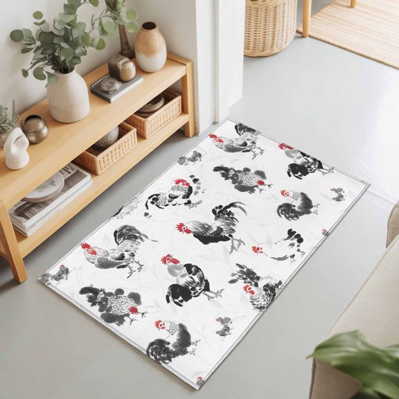 Rectangle Area Rug 2x3ft,Watercolor Rooster Art Washable Carpet Non-Slip Runner Accent Rugs Indoor Floor Mat for Bedroom Living Room Decor,Abstract Country Chicken