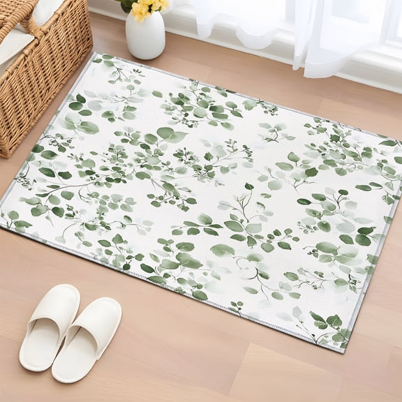 Rectangle Area Rug 2x3ft, Watercolor Sage Green Leaf Seamless Non-Slip Non-Shedding Floor Mat, Summer Country Leaves Washable Sturdy Carpet for Living Room Bedroom Home Decor