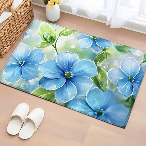 Rectangle Area Rug 2x3ft,Watercolor Spring Blue Flower Green Leaves Washable Carpet Non-Slip Runner Accent Rugs Indoor Floor Mat for Bedroom Living Room Decor,Pastoral Floral