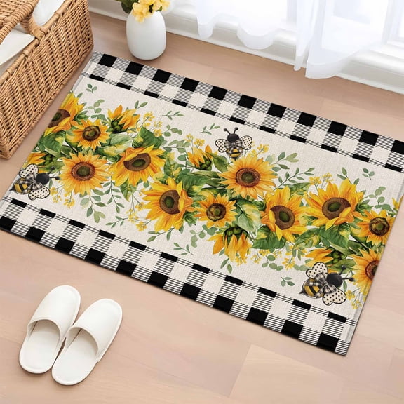 Rectangle Area Rug 2x3ft,Watercolor Sunflower Bee Green Leaves Washable Carpet Non-Slip Runner Accent Rugs Indoor Floor Mat for Bedroom Living Room Decor,Black Buffalo Plaid