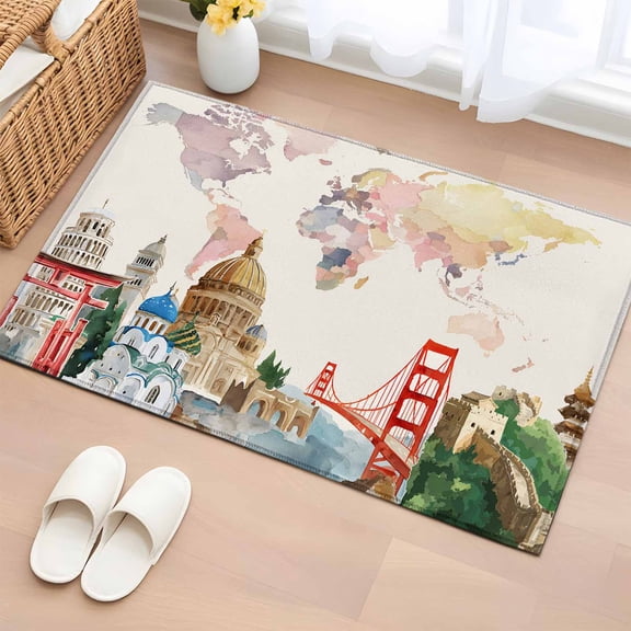 Rectangle Area Rug 2x3ft,Watercolor World Map Washable Carpet Non-Slip Runner Accent Rugs Indoor Floor Mat for Bedroom Living Room Decor,Iconic Landmarks Travel