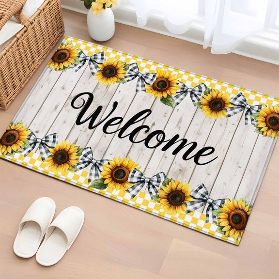 Rectangle Area Rug 2x3ft,Welcome Quote Sunflower Buffalo Bow Washable Carpet Non-Slip Runner Accent Rugs Indoor Floor Mat for Bedroom Living Room Decor,Summer Floral on Wooden