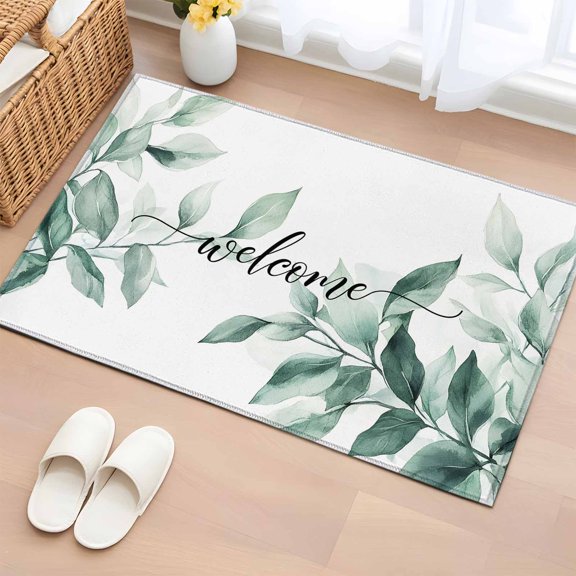 Rectangle Area Rug 2x3ft,Welcome Words Green Leaves Washable Carpet Non-Slip Runner Accent Rugs Indoor Floor Mat for Bedroom Living Room Decor,Summer Watercolor Plant