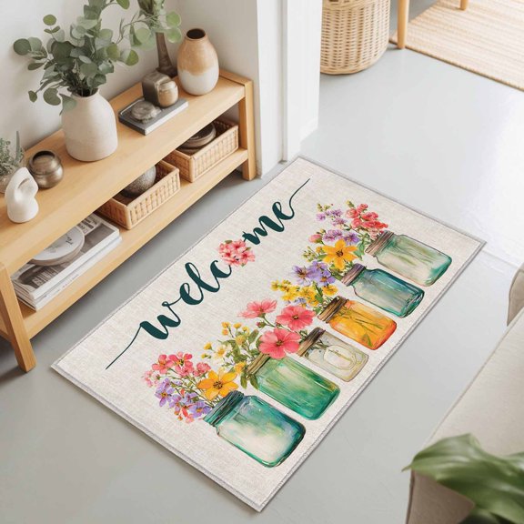 Rectangle Area Rug 2x3ft,Welcome Words on Linen Washable Carpet Non-Slip Runner Accent Rugs Indoor Floor Mat for Bedroom Living Room Decor,Watercolor Flowers in Bottle