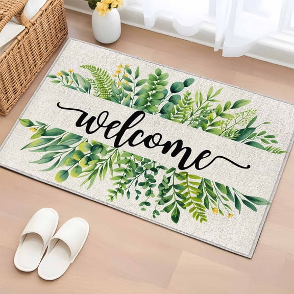 Rectangle Area Rug 2x3ft,Welcome Words on Retro Linen Washable Carpet Non-Slip Runner Accent Rugs Indoor Floor Mat for Bedroom Living Room Decor,Farmhouses Green Plants