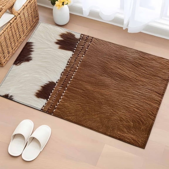 Rectangle Area Rug 2x3ft,Western Cow Leather Texture Washable Carpet Non-Slip Runner Accent Rugs Indoor Floor Mat for Bedroom Living Room Decor,Abstract Brown White Cow Print