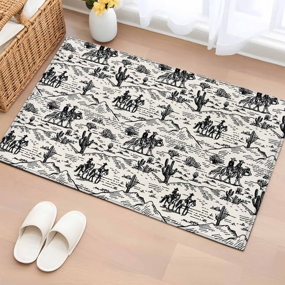Rectangle Area Rug 2x3ft, Western Cowboys Abstract Cactus Non-Slip Non-Shedding Floor Mat, Desert Theme Vintage Washable Sturdy Carpet for Living Room Bedroom Home Decor