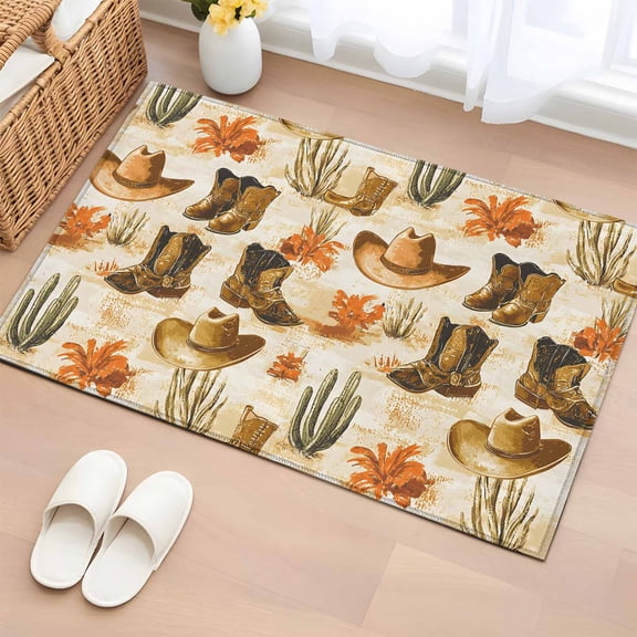 Rectangle Area Rug 2x3ft, Western Retro Cowboy Boot Hat Non-Shedding Washable Area Rug, Summer Desert Cactus Non Slip Low-Profile Rugs for Living Room, Bedroom Dining Room