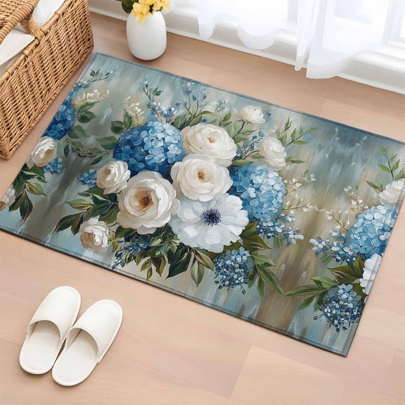 Rectangle Area Rug 2x3ft,White Blue Hydrangeas Flower on Retro Washable Carpet Non-Slip Runner Accent Rugs Indoor Floor Mat for Bedroom Living Room Decor,Oil Painting Art