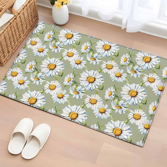 Rectangle Area Rug 2x3ft,White Daisy Flower Sage Green Washable Carpet Non-Slip Runner Accent Rugs Indoor Floor Mat for Bedroom Living Room Decor,Watercolor Floral Seamless