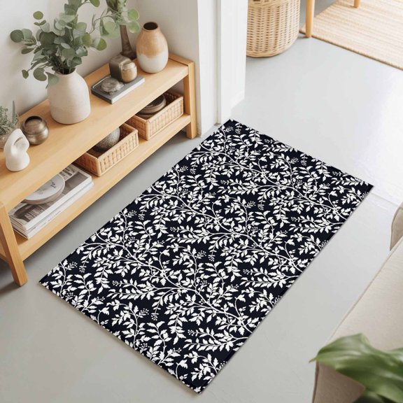 Rectangle Area Rug 2x3ft,White Leaves Floral Seamless Living Room Rug Non-Slip Washable Circle Rugs Pad,Overlay Botanical on Black Soft Floor Carpet for Bedroom Dining Room