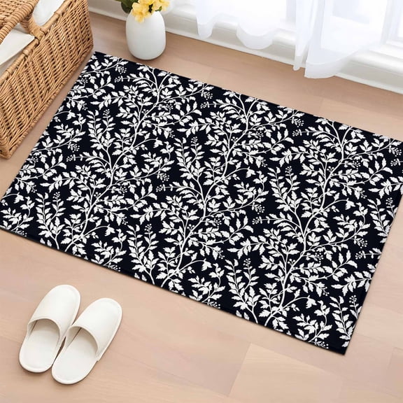 Rectangle Area Rug 2x3ft, White Leaves Floral Seamless Non-Slip Non-Shedding Floor Mat, Overlay Botanical on Black Washable Sturdy Carpet for Living Room Bedroom Home Decor
