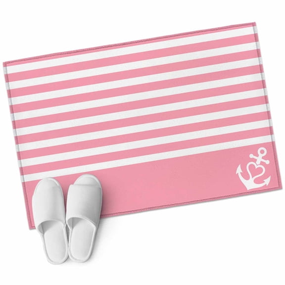 Rectangle Area Rug 2x3ft, White Nautical Anchor on Pink Non-Slip Non-Shedding Floor Mat, Classic Geometric Striped Washable Sturdy Carpet for Living Room Bedroom Home Decor
