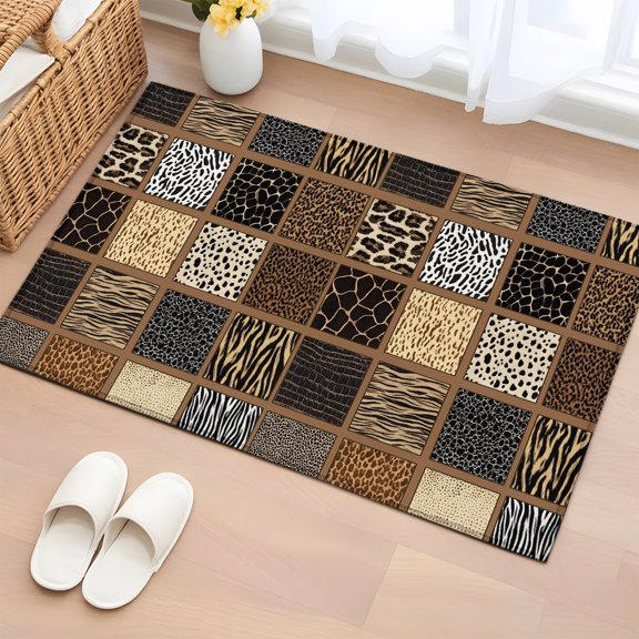 Rectangle Area Rug 2x3ft, Wild Tiger Leopard Cow Texture Non-Shedding Washable Area Rug, Abstract Splicing Leather Art Non Slip Low-Profile Rugs for Living Room, Bedroom Dining Room