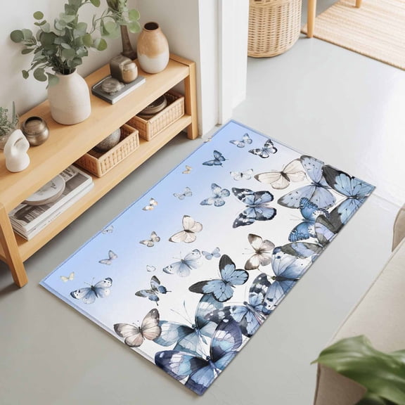 Rectangle Area Rug 2x3ft,Wild Winds Butterflies Living Room Rug Non-Slip Washable Circle Rugs Pad,Blue Gradients Butterfly Soft Floor Carpet for Bedroom Dining Room