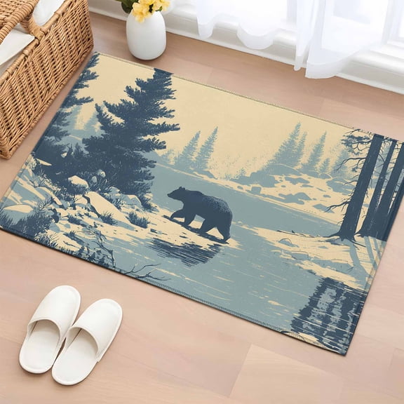 Rectangle Area Rug 2x3ft, Winter Bear Evergreen Trees Non-Shedding Washable Area Rug, Rustic Snow River Non Slip Low-Profile Rugs for Living Room, Bedroom Dining Room