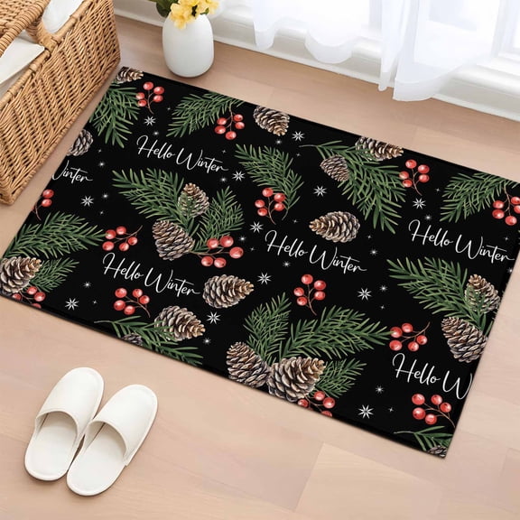 Rectangle Area Rug 2x3ft, Winter Pine Cone Berry Spruce Leaf Non-Shedding Washable Area Rug, Christmas Plant on Black Non Slip Low-Profile Rugs for Living Room, Bedroom Dining Room