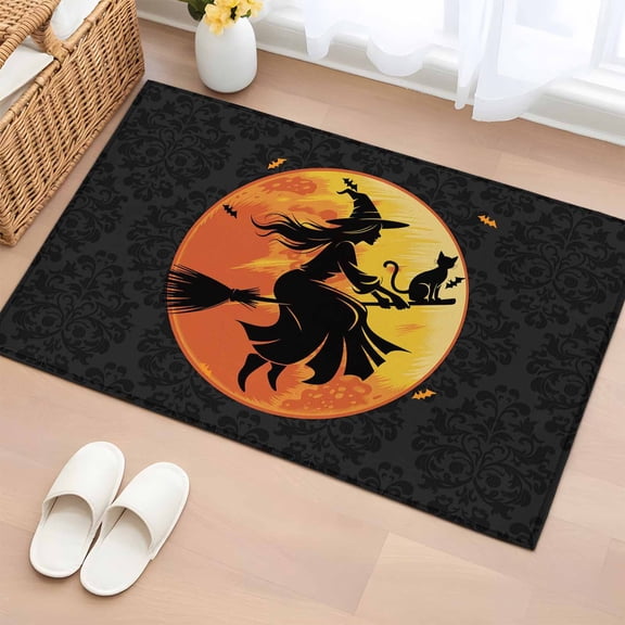Rectangle Area Rug 2x3ft, Witch Broom Halloween Night Moon Non-Slip Non-Shedding Floor Mat, Pumpkin Bat Black Damask Flower Washable Sturdy Carpet for Living Room Bedroom Home Decor