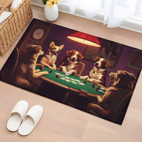 Rectangle Area Rug 2x3ft,Witty Dog Playing Cards Washable Carpet Non-Slip Runner Accent Rugs Indoor Floor Mat for Bedroom Living Room Decor,Vintage Cartoon Animal Painting
