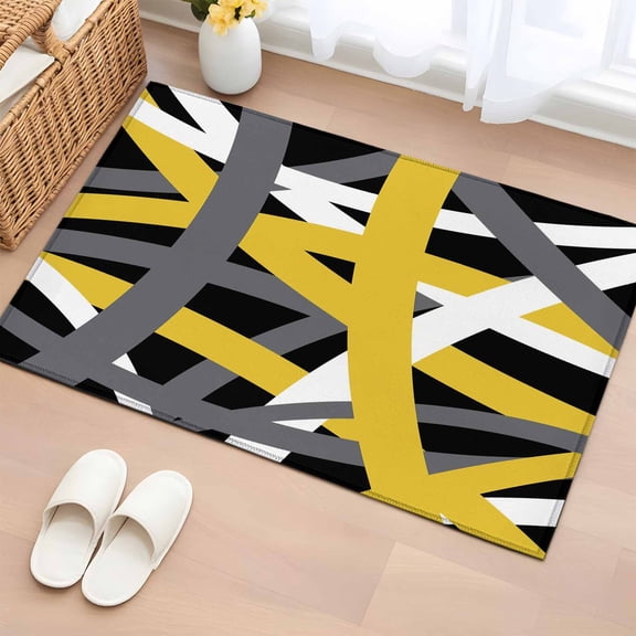 Rectangle Area Rug 2x3ft,Yellow Black Grey Line Geometric Washable Carpet Non-Slip Runner Accent Rugs Indoor Floor Mat for Bedroom Living Room Decor,Modern Abstract Stripe