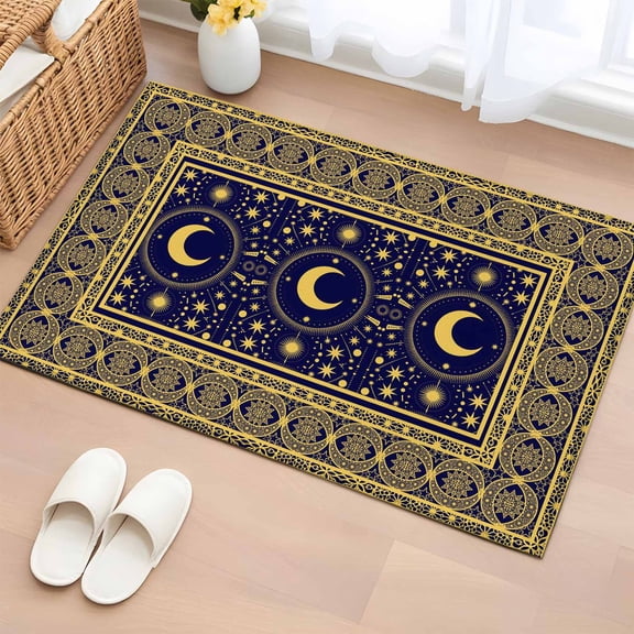 Rectangle Area Rug 2x3ft, Yellow Moon Star Dark Blue Non-Slip Non-Shedding Floor Mat, Traditional Ethnic Style Washable Sturdy Carpet for Living Room Bedroom Home Decor