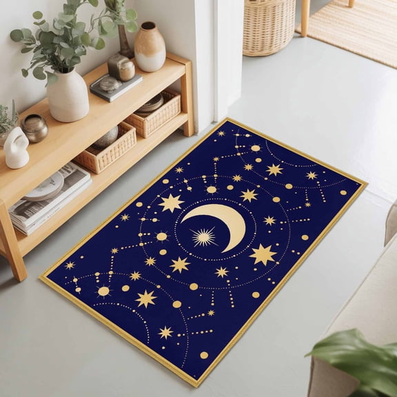 Rectangle Area Rug 2x3ft,Yellow Moon Star Washable Carpet Non-Slip Runner Accent Rugs Indoor Floor Mat for Bedroom Living Room Decor,Abstract Polka Dot on Dark Blue