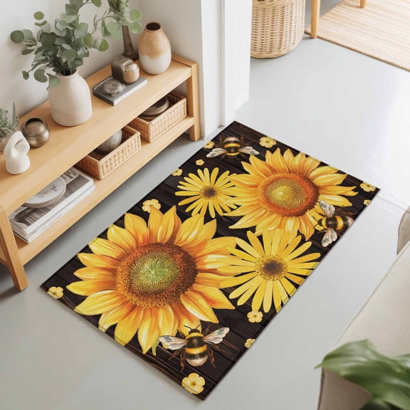 Rectangle Area Rug 2x3ft,Yellow Sunflower Daisy Flower Living Room Rug Non-Slip Washable Circle Rugs Pad,Spring Rustic Floral Bee Black Soft Floor Carpet for Bedroom Dining Room