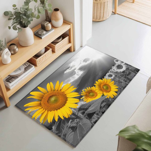 Rectangle Area Rug 2x3ft,Yellow Sunflower Field Washable Carpet Non-Slip Runner Accent Rugs Indoor Floor Mat for Bedroom Living Room Decor,Modern Grey Floral Partial Color Art