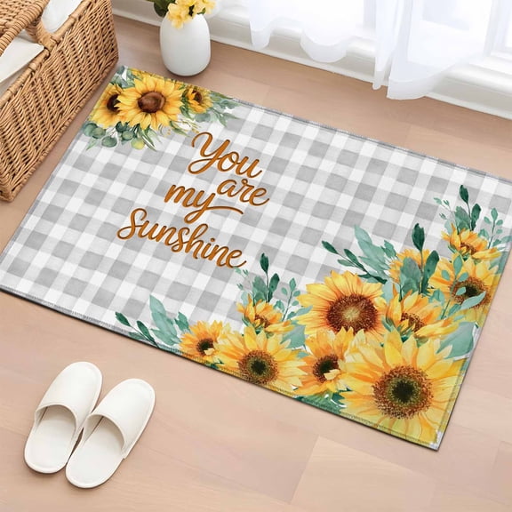 Rectangle Area Rug 2x3ft,You Are My Sunshine Words on Gray Plaid Washable Carpet Non-Slip Runner Accent Rugs Indoor Floor Mat for Bedroom Living Room Decor,Farm Sunflowers
