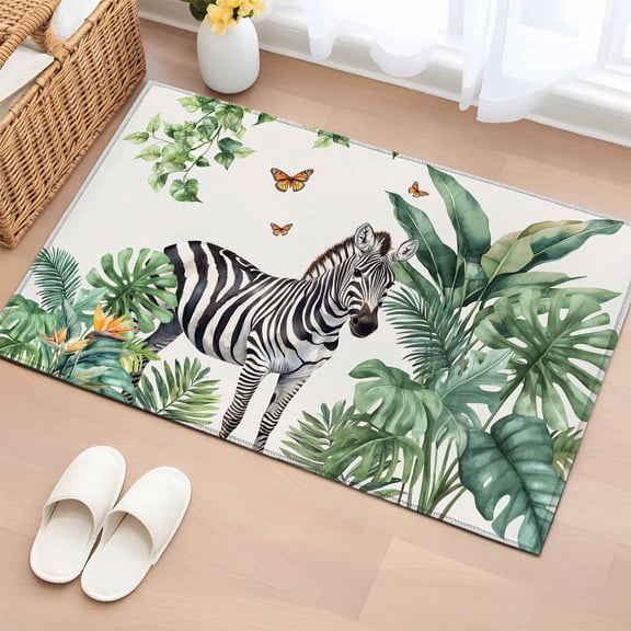 Rectangle Area Rug 2x3ft, Zebra Tropical Leaves Jungle Non-Shedding Washable Area Rug, Black Stripes Animal Portrait Non Slip Low-Profile Rugs for Living Room, Bedroom Dining Room