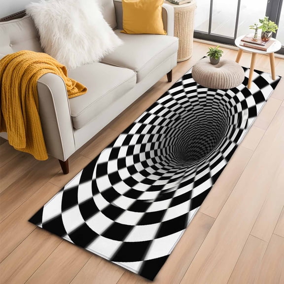 Rectangle Area Rug 2x6ft, Abstract Black White Checkerboard Swirl Non-Shedding Washable Area Rug, Vortex Illusion Minimalist Art Non Slip Low-Profile Rugs for Living Room, Bedroom Dining Room
