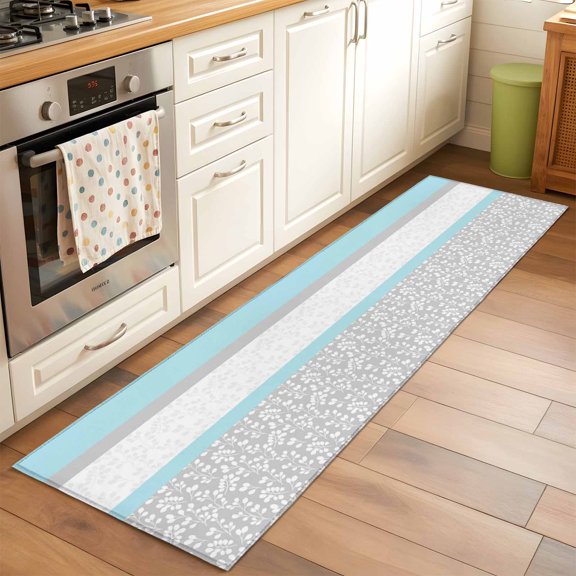 Rectangle Area Rug 2x6ft,Abstract Garden Flowers Washable Carpet Non-Slip Runner Accent Rugs Indoor Floor Mat for Bedroom Living Room Decor,White Plants on Sky Blue Grey Stripe
