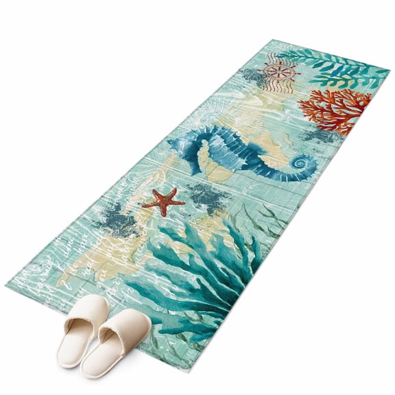 Rectangle Area Rug 2x6ft,Abstract Ocean Starfish Washable Carpet Non-Slip Runner Accent Rugs Indoor Floor Mat for Bedroom Living Room Decor,Watercolor Marine Life Hippocampus