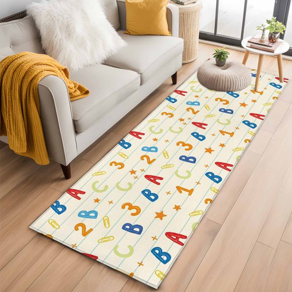 Rectangle Area Rug 2x6ft, Alphabet Letters Numbers Non-Shedding Washable Area Rug, Educational Learning Pattern Non Slip Low-Profile Rugs for Living Room, Bedroom Dining Room