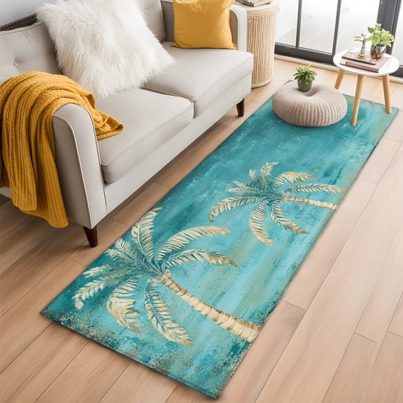 Rectangle Area Rug 2x6ft, Blue Teal Coastal Palm Tree Non-Shedding Washable Area Rug, Tropical Summer Plant Non Slip Low-Profile Rugs for Living Room, Bedroom Dining Room