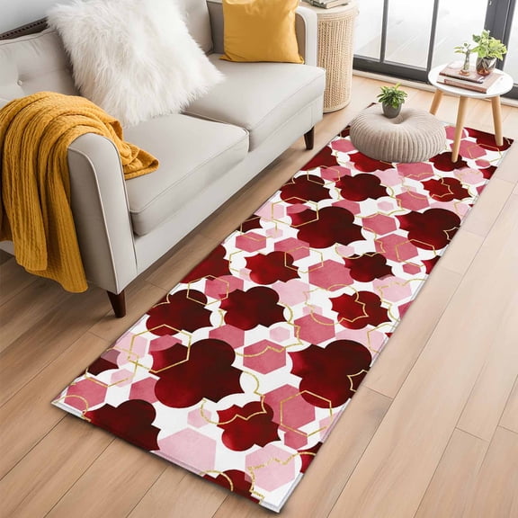 Rectangle Area Rug 2x6ft, Burgundy Red Moroccan Texture Non-Shedding Washable Area Rug, Retro Geometric Pattern Non Slip Low-Profile Rugs for Living Room, Bedroom Dining Room