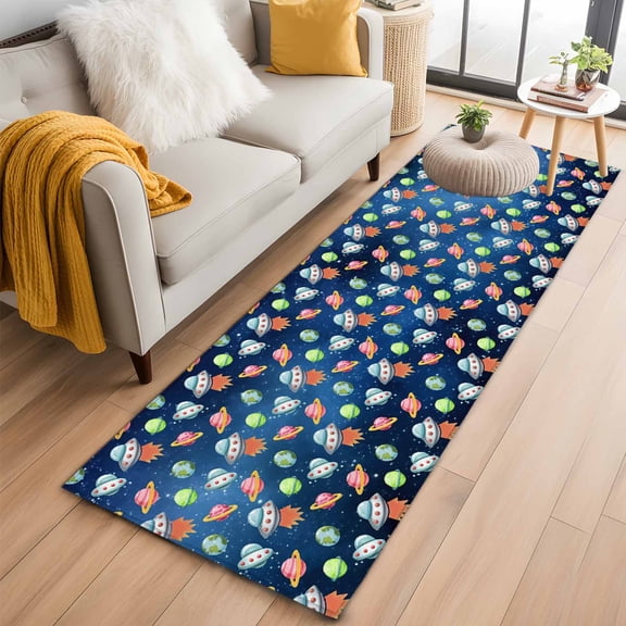 Rectangle Area Rug 2x6ft, Cartoon Spaceship Dream Planet Non-Slip Non-Shedding Floor Mat, Outer Space Stars Moon Washable Sturdy Carpet for Living Room Bedroom Home Decor