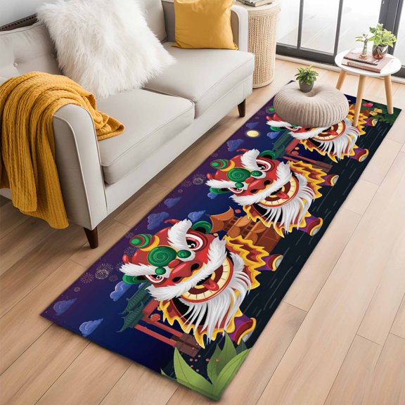 Rectangle Area Rug 2x6ft, Chinese Wind Lion Dance Non-Shedding Washable Area Rug, New Year Painting Non Slip Low-Profile Rugs for Living Room, Bedroom Dining Room