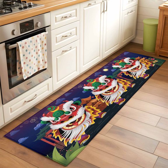 Rectangle Area Rug 2x6ft,Chinese Wind Lion Dance Washable Carpet Non-Slip Runner Accent Rugs Indoor Floor Mat for Bedroom Living Room Decor,New Year Painting