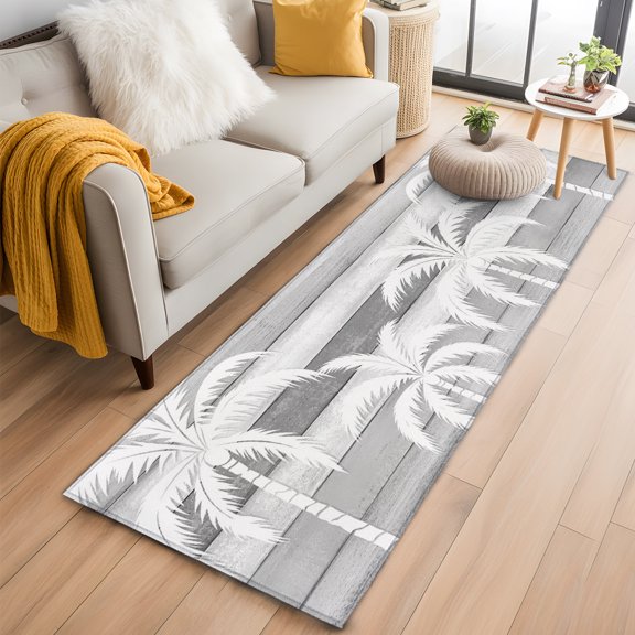 Rectangle Area Rug 2x6ft, Coastal Ocean Palm Tree Non-Slip Non-Shedding Floor Mat, Summer Beach Plant Wood Board Washable Sturdy Carpet for Living Room Bedroom Home Decor