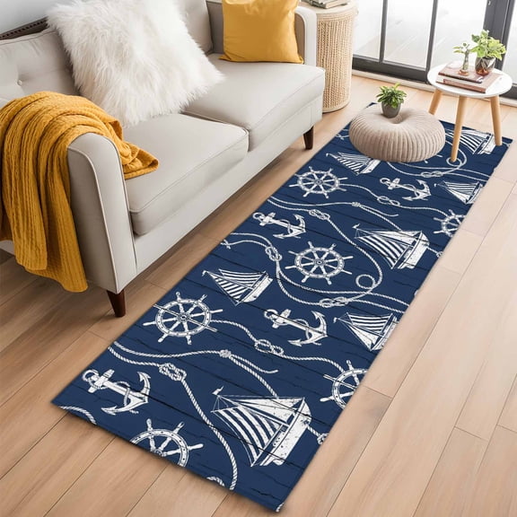 Rectangle Area Rug 2x6ft, Coastal Sailboat Compass Anchor Non-Shedding Washable Area Rug, Nautical Theme Navy Blue Wood Non Slip Low-Profile Rugs for Living Room, Bedroom Dining Room