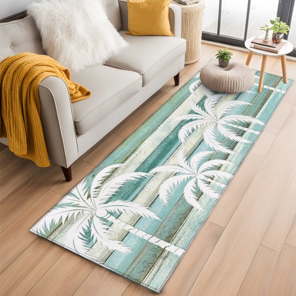 Rectangle Area Rug 2x6ft, Coastal Tropical Palm Tree Non-Slip Non-Shedding Floor Mat, Rustic Farm Wood Board Washable Sturdy Carpet for Living Room Bedroom Home Decor