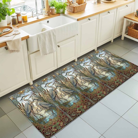Rectangle Area Rug 2x6ft,Country Vintage Cranes Flower Washable Carpet Non-Slip Runner Accent Rugs Indoor Floor Mat for Bedroom Living Room Decor,Watercolor Heron Floral