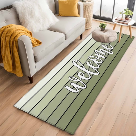 Rectangle Area Rug 2x6ft, Country Welcome Quote Wood Board Non-Shedding Washable Area Rug, Farmhouse Sage Green Wooden Non Slip Low-Profile Rugs for Living Room, Bedroom Dining Room