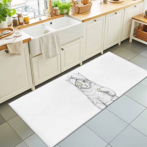 Rectangle Area Rug 2x6ft,Cute Cat Sketch SPA Head Towel Washable Carpet Non-Slip Runner Accent Rugs Indoor Floor Mat for Bedroom Living Room Decor,Black White Animal Pattern Art